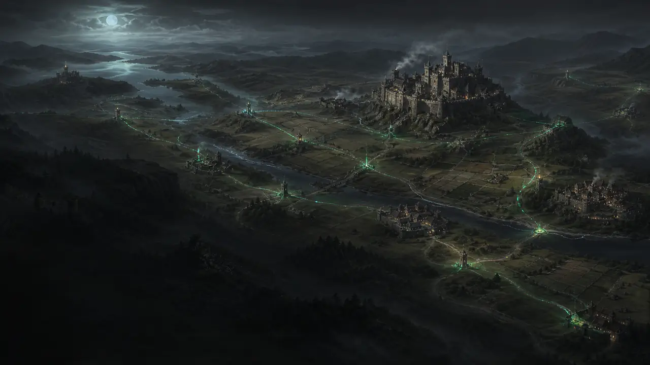 Mapa medieval noturno com castelos, povoados e rotas estratégicas verdes.